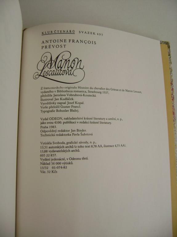Antoine Fancois PrÃ©vost: MANON LESCAUTOVÃ (vyd. 1983)