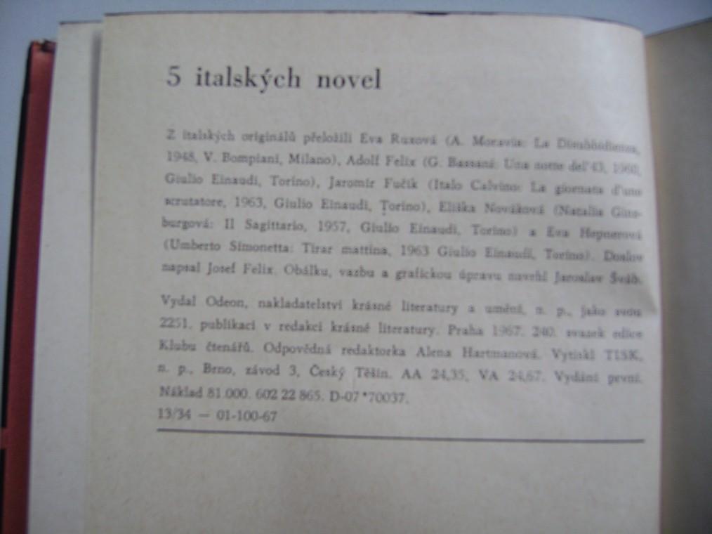 5 ITALSKÃCH NOVEL - aut. Moravia, Bassani, Calvino, GinzburgovÃ¡, Simonetta (vyd. 1967)