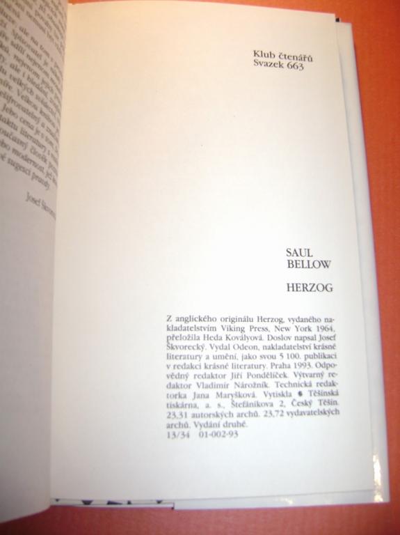 Saul Bellow: HERZOG (vyd. 1993, psychologickÃ½ romÃ¡n)