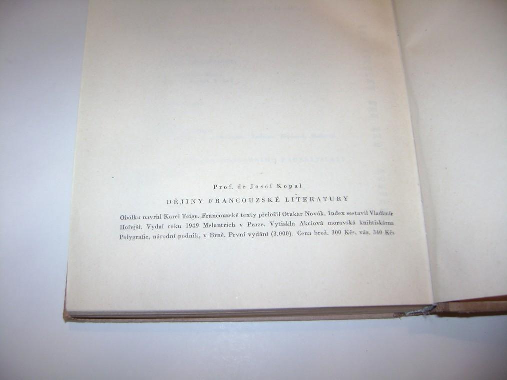 JOSEF KOPAL: DĚJINY FRANCOUZSKÉ LITERATURY - 1949 (A)