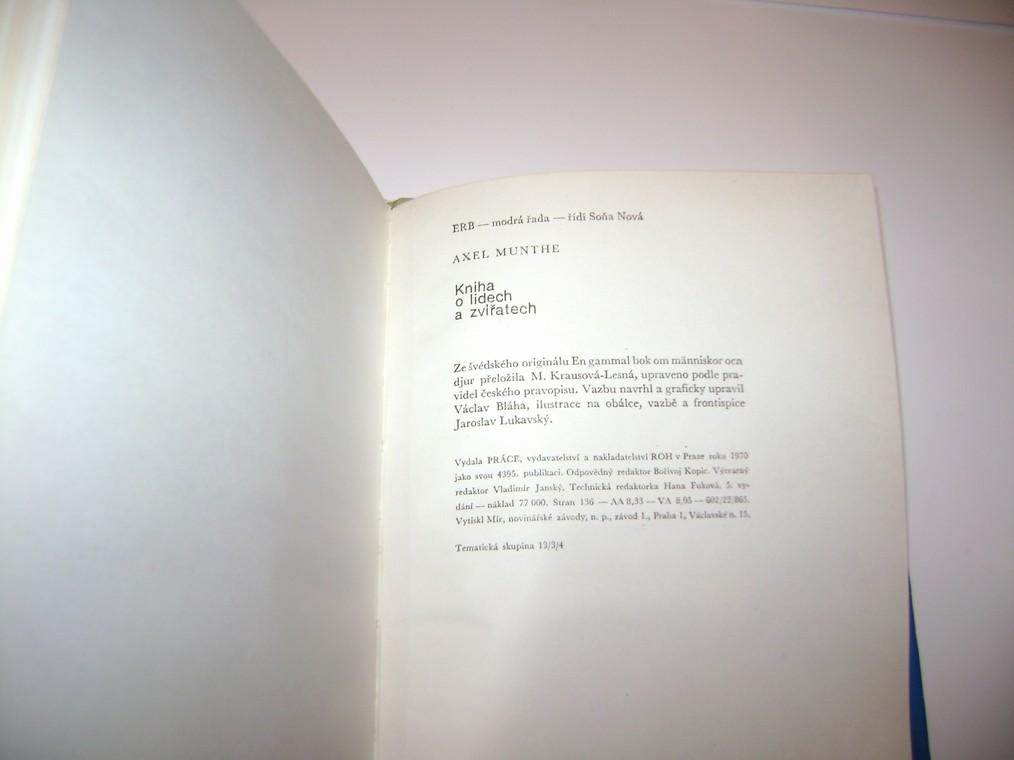Axel Munthe: KNIHA O LIDECH A ZVÃÅATECH (1970, povÃ­dky) (A)