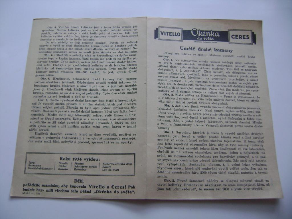 Reklama OkÃ©nko do svÄta VITELLO CERES tuk - UmÄlÃ© drahÃ© kameny - 1934 (A)