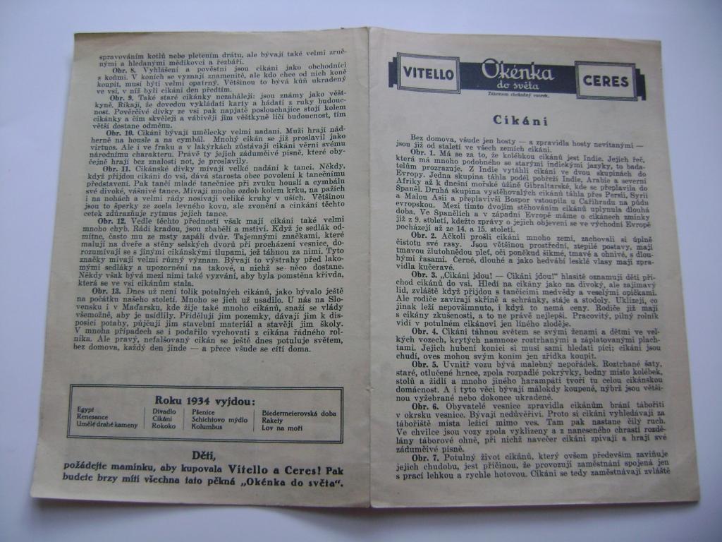 Reklama OkÃ©nko do svÄta VITELLO CERES tuk - CikÃ¡ni - 1934 (A)