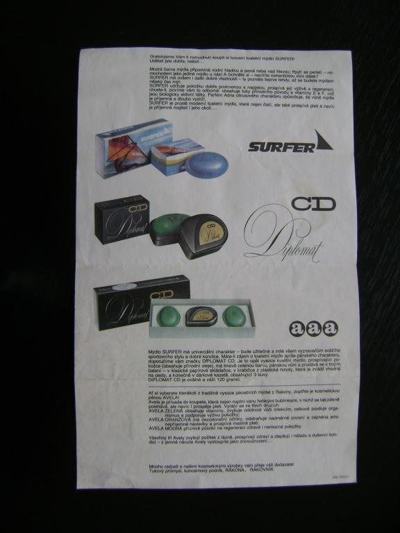 Mýdlo Surfer a Diplomat CD leták podniku Rakona (A)