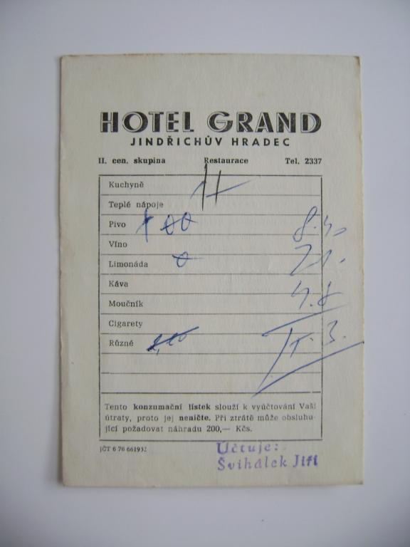 Hotel Grand konzmumační lístek Jindřichův Hradec 1976 (A)